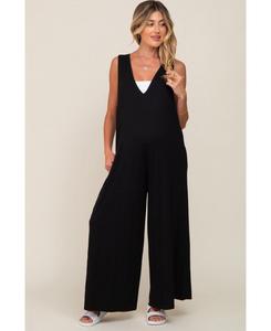 Черный комбинезон для беременных с глубоким V-образным вырезом, без рукавов, с широкими штанинами Pinkblush, Black