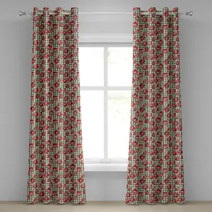 Шторы на люверсах ABAKUHAUS с цветочным узором, винтажная классика с женственным узором в шотландскую ломаную клетку с яркими розовыми цветочками, декоративные двухпанельные шторы, 280 см x 245 см, цвет: темно-зеленый, рубиновый