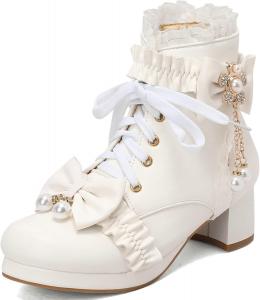 Женские ботильоны на платформе ZKXYFFS, обувь для косплея в готическом стиле Лолита, с массивным каблуком, шнуровкой, ботинки до щиколотки, кружевные туфли для вечеринки с бантом, White