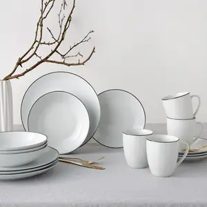 Комбинированный сервиз Leonique "Madeline" (набор, 16 предметов, по 4 на ужин, десерт, суповые тарелки, кофейные кружки), посуда, модная форма купе, ручная роспись, декор черной линией, белый/черный