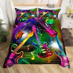 Erosebridal Комплект постельного белья с тематикой бас-гитары и музыкальных нот для детей и взрослых, Black Pink Green