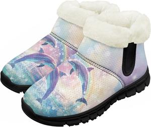 Девочки Мальчики Ботинки Детские Снег Зимние Ботинки Для Улицы На Щиколотку Теплые Без Шнуровки С Искусственным Мехом Легкая Обувь Chririnla, Rainbow Dolphin