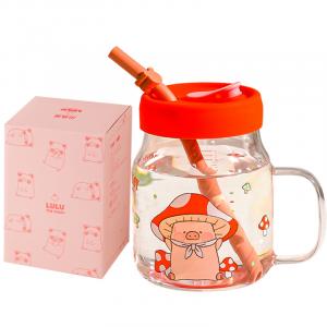 Стеклянные стаканы KAWASIMAYA, Lulu The Piggy Glass Straw Cup (Mushroom Piggy)