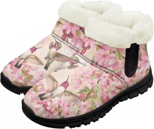 Снежные ботинки для малышей, мальчиков и девочек, зимние теплые ботинки, низкие туфли, искусственный мех, для холодной погоды, на улице Chririnla, Pink Floral Hummingbird