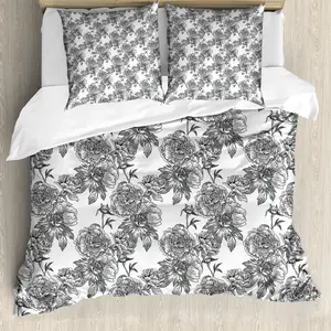 Пододеяльник ABAKUHAUS с цветочным рисунком, весенние цветы, защита от клещей, подходит для аллергиков, с наволочками, 155 см x 220 см - 80 x 80 см, черный, серый, белый Abakuhaus