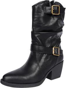 Generic Западные ковбойские сапоги для женщин - прочные сапоги с высоким каблуком и закрытой щиколоткой, стиль мото-ковбой, классический круглый носок, модные западные сапоги (черные/темно-коричневые/серые)