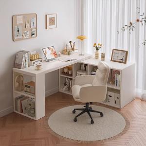 Угловой стол Naijia 100x100 см, L-образный письменный для дома, с полкой, из массива дерева 26 мм, цвет warm white