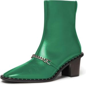 Женские стильные ботильоны YDN с закрытым носком, заклепками, на низком массивном каблуке, с модной цепочкой, боковой молнией, удобные повседневные обувь, размеры 4-16 US, Green