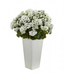 Nearly Natural Искусственное растение герань высотой 27 дюймов (63 см), устойчивое к УФ-излучению, для использования в помещении и на открытом воздухе, в белом кашпо