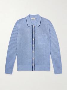 Рубашка облегающего кроя в полоску из смеси шелка и льна ажурной вязки PIACENZA 1733, синий