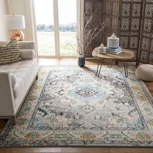 Ковер SAFAVIEH, 366 x 549 см, Monaco Collection, Grey & Light Blue, Medallion Distressed Design, без ворса и простой в уходе, идеален для помещений с высокой проходимостью в гостиной, спальне (MNC243G)
