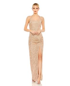 Женское платье с пайетками, бретелями через шею и низким боковым узлом Mac Duggal, Rose gold