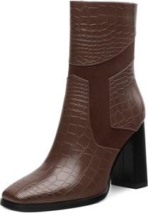 Женские короткие ботинки, каменный узор, квадратный носок, боковая молния, ботильоны на высоком каблуке, массивный каблук, удобные ботинки 9 см Heisnemca, Dark Brown Patent