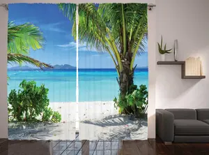 Шторы ABAKUHAUS Beach Rustic, Idyllic Oceanic Resort, универсальные ленточные шторы для гостиной с петлями и крючками, 280 x 175 см, цвет "зеленый, аква, кокос" Abakuhaus