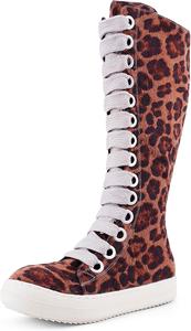 Женские высокие до колена школьные велосипедные сапоги IMPREMEY с толстыми шнурками, удобной платформой и молнией, для ходьбы и кампусных мероприятий, Leopard