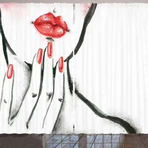 Занавеска Губы от ARANDE, набросок женщины с красными ногтями и румяными щеками, 280 x 245 см, цвет угольно-серый белый Abakuhaus