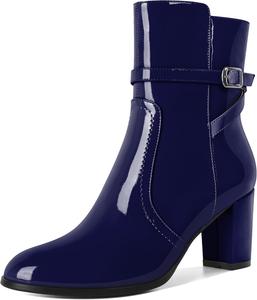 Женские ботильоны Mettesally с массивным каблуком, круглым носком и боковой молнией, осень-зима, высота каблука 7 см, Patent Navy