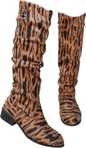 Kldyj Женские ковбойские сапоги до колена с заостренным носком, низким каблуком, повседневные сапоги, туфли без шнуровки с леопардовым принтом