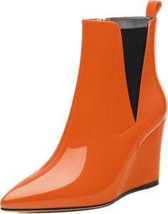 Женские ботильоны, с острым носком на высокой танкетке, короткие сапожки с боковой молнией и эластичной вставкой, высота каблука 3,3 дюйма MISEZOXI, Orange Patent