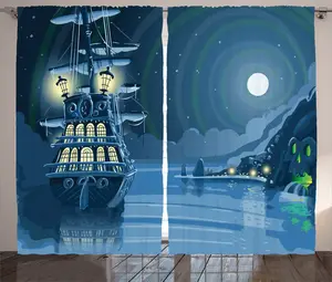 Детская штора ABAKUHAUS в деревенском стиле, с рисунком пиратского корабля и луны, для спальни, присборенная тесьма с петлями и крючками, 280 x 175 см, синяя Abakuhaus