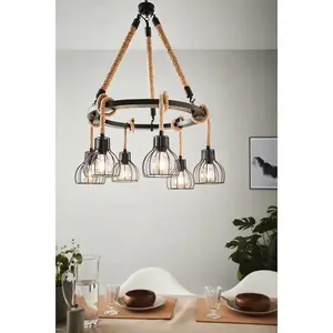 Подвесной светильник RAMPSIDE Pendellampe, E27, винтаж, подвесной светильник, лампа для обеденного стола, лампа E27 подвесной светильник, лампа для гостиной, H109 x Ø76 см, черный, 6x28W не включено. Eglo, черный/коричневый