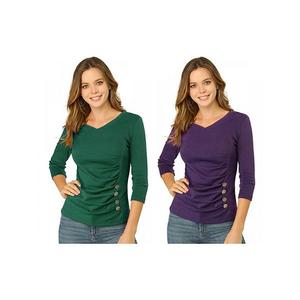 2 упаковки женской блузы с декоративными пуговицами и v-образным вырезом Inspire Chic, Purple Green