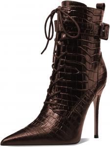 Женские модные ботильоны FYS с заостренным носком, под крокодиловую кожу, на высоком каблуке-стилетто, с шнуровкой, короткие с пряжкой, осенние праздничные туфли, размеры 4-16 US, Brown
