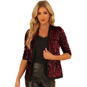 Женский бархатный кардиган с блестящими пайетками и открытым передом, без воротника, с рукавами 3/4 ALLEGRA K, цвет Dark Red