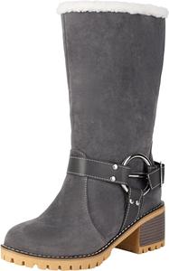 Женские зимние ботинки, с высоким каблуком средней высоты, замшевые, утепленные мехом, теплые ботинки для снега, ботильоны для улицы Generic, Grey