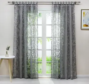 Штора из вуали с присборенной лентой, прозрачные панели с выжженным узором, в деревенском стиле, для гостиной, серая, 175 x 140 см (В x Ш), 1 шт. Joyswahl