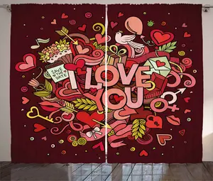 Штора ABAKUHAUS "Валентайн в деревенском стиле", с забавными сердечками и стрелами, для спальни, присборенная тесьма с петлями и крючками, 280 x 245 см, цвет: кораллово-бордовый, желтый Abakuhaus