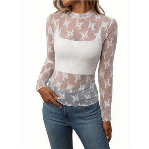 Женская блузка Sheer Floral Lace с воротником-стойкой и длинными рукавами Clearflower, Small Lace White