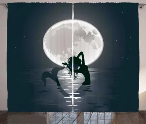 Штора ABAKUHAUS Подводный рустик, Русалки ночью, для спальни, присборенная, с петлями и крючками, 280 x 245 см, черно-серый Abakuhaus
