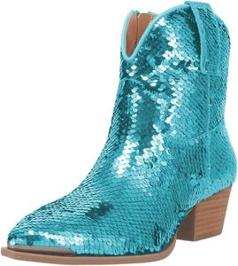Женские ботильоны YDN с закрытым носком, пайетки, на низком грубом каблуке, с боковой молнией, вестерн-стиль, блестящие зимние праздничные туфли, размеры 4-16 US, Turquoise