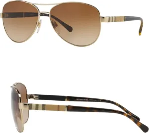 Солнцезащитные очки BURBERRY BE3080 в форме «пилот» из стали с роскошным комплектом для переноски, Light Gold Frame | Brown Gradient Lens