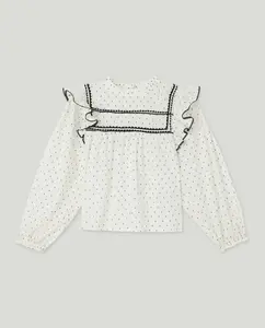 Романтическая блузка с длинными рукавами для девочки с кружевами на груди и боковыми воланами Kids El Corte Inglés, белый