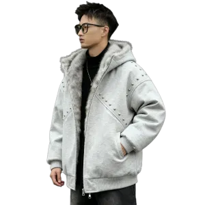 Пуховик Unisex с меховым воротником и флисовой подкладкой Others X1617, светло-серый hooded mountain hawk coat