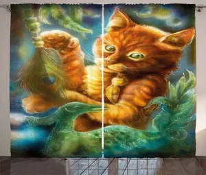 Штора ABAKUHAUS "Кошка в деревенском стиле", "Волшебный павлин", универсальная ленточная штора для гостиной с петлями и крючками, 280 x 225 см, цвет: оранжевый, зеленый, синий Abakuhaus