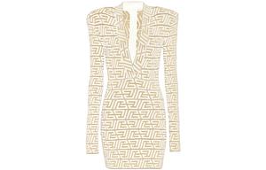 V-образный вырез платье с монограммой вязаное BALMAIN, бежевый