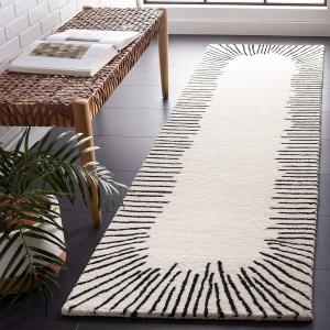 Ковер-дорожка saFAVIEH коллекции Fifth Avenue - Ivory & Black, ручной работы, современный абстрактный полосатый бордюр, шерсть, идеально для помещений с высокой проходимостью в гостиной, спальне (FTV129A), 69 x 244 см