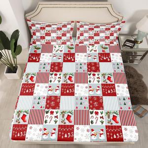 Erosebridal Комплект постельного белья Patchwork Christmas с новогодним принтом снежинки пряничные человечки снеговики красный серый белый, Multi 17