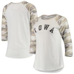 Женская белая/камуфляжная футболка Iowa Hawkeyes Boyfriend Baseball Raglan с рукавами 3/4