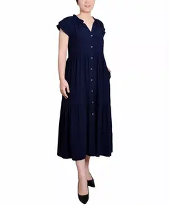 Миниатюрное платье миди с короткими рукавами и складками NY Collection, синий