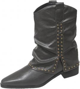 Женские винтажные ковбойские сапоги в западном стиле с заклепками, с отворотом, массивным низким каблуком, ботильоны ковбойки, кожаные мотоциклетные ботинки Generic, Grey