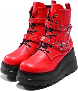 NEJKG Ботинки Women's Gothic Punk Ankle Boots, Black, Round Toe, Lace-Up, Combat, Wedge Heel, Casual, All Seasons