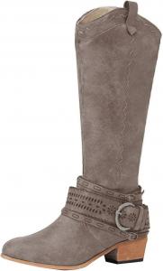 Женские ковбойские сапоги Ladmiple с широким голенищем, до колена, в западном стиле, с заостренным носком, массивным каблуком и декоративной строчкой, на подъем, ковбойские сапоги, Brown