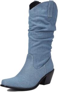 Женские джинсовые ботильоны Aflngle с низким массивным каблуком, средней высоты, модным квадратным носком, многослойной текстурой и эластичным верхом, короткие на щиколотку, Light Blue