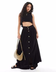 Длинная льняная юбка черного цвета с пуговицами спереди Asos Design