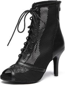 Женские танцевальные ботинки до щиколотки для бальных танцев с сеткой и шнуровкой, латинские танцевальные туфли LITNERMIA, Al576/Black 9Cm Heel