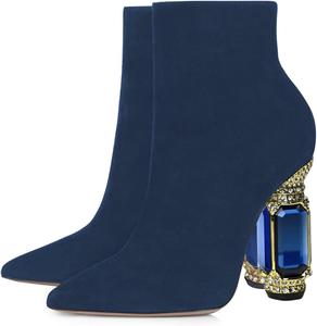 Женские ботильоны FSJ с острым носком, кристаллами, массивным каблуком и боковой молнией, блестящие, повседневные, модные, осенние, размеры US 4-15, Blue Suede